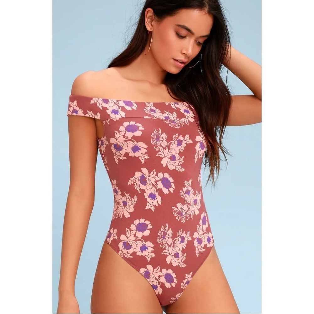 Free People So Much Terra Cotta Floral Print Off-the-Shoulder Bodysuit Small